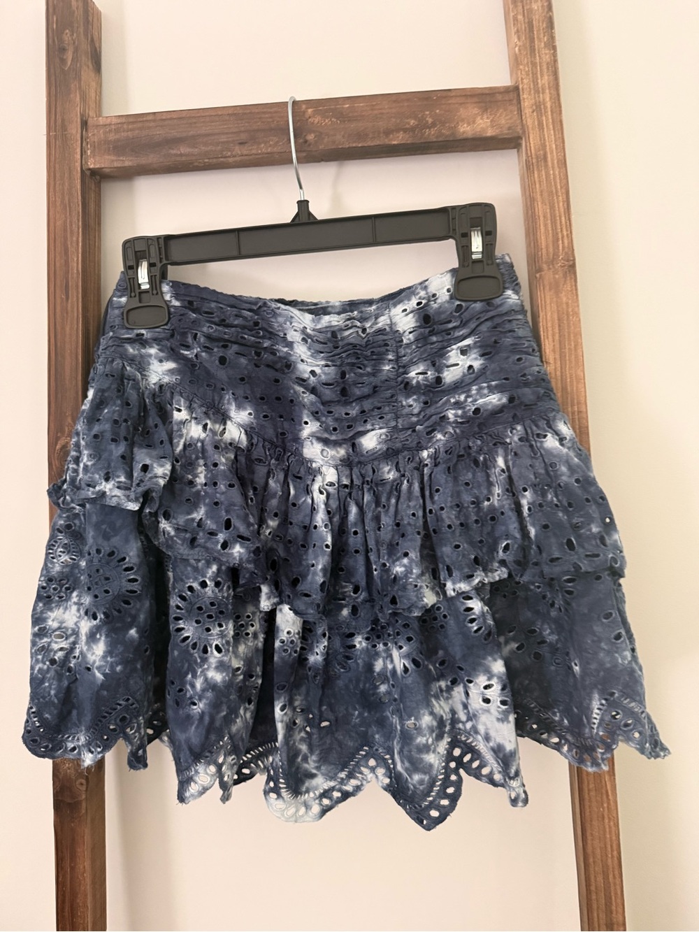 LoveShackFancy Navy Tie-Dye Eyelet Tiered Mini Skirt